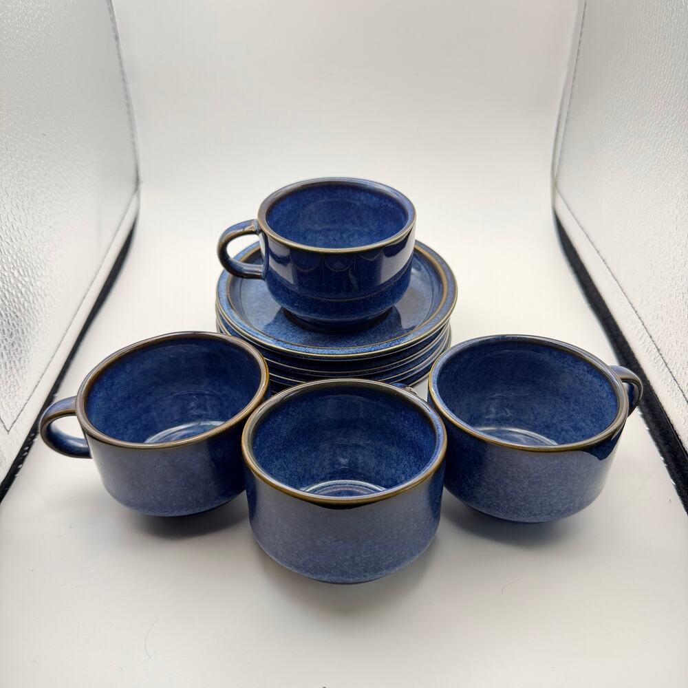 Denby Langley English Stoneware Blue Lot 4 Cups 4 Saucers Vintage MCM Rare
